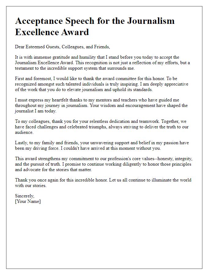 Letter template of media award acceptance speech for recognition in journalism.