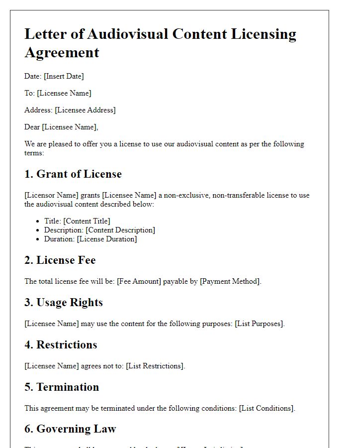 Letter template of audiovisual content licensing framework