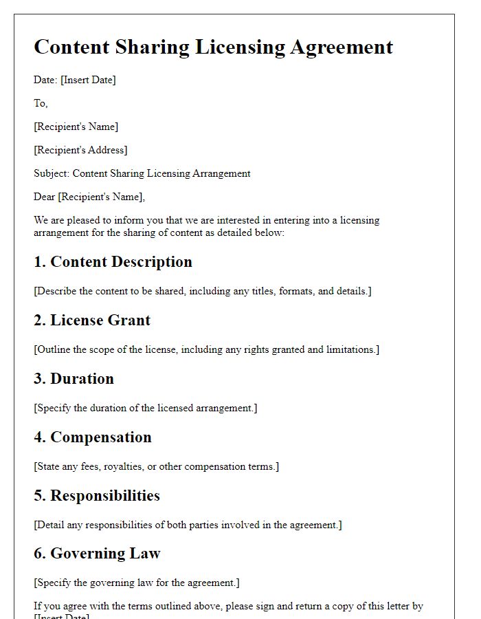 Letter template of content sharing licensing arrangement