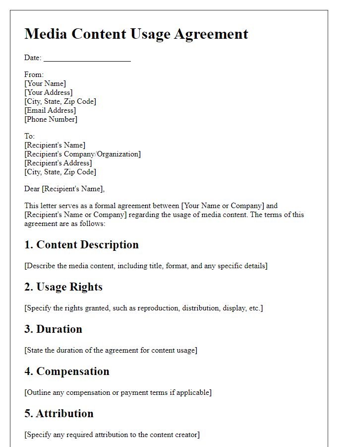 Letter template of media content usage agreement