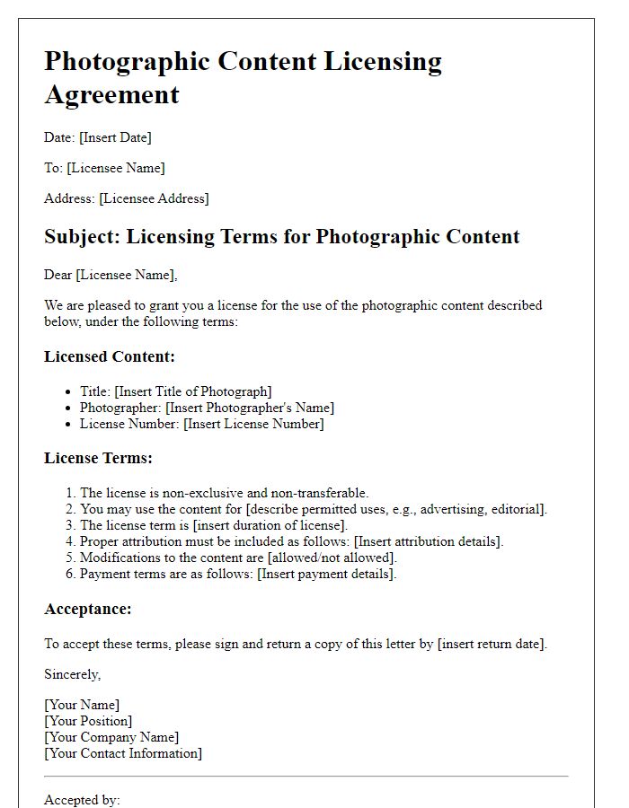 Letter template of photographic content licensing terms