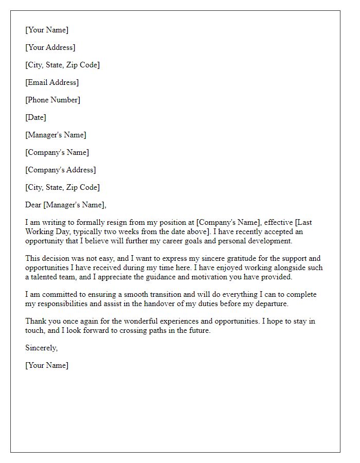 Letter template of amicable resignation for a new opportunity.