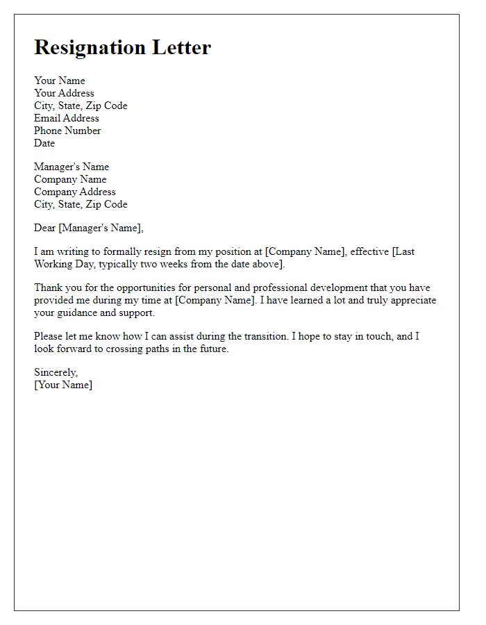 Letter template of formal resignation from employment.