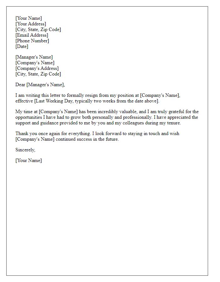 Letter template of professional resignation with gratitude.