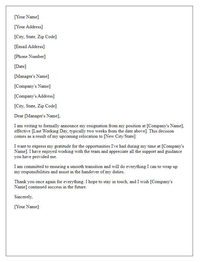 Letter template of resignation due to relocation.