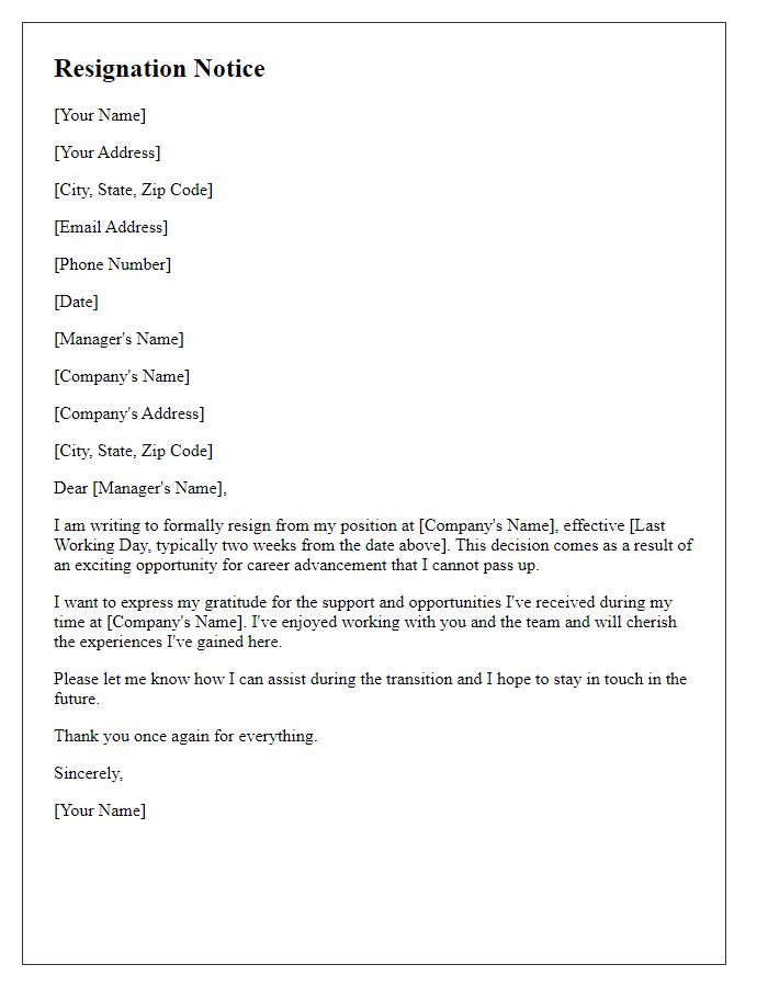 Letter template of resignation notice for career advancement.