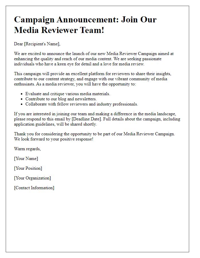 Letter template of media reviewer campaign announcement