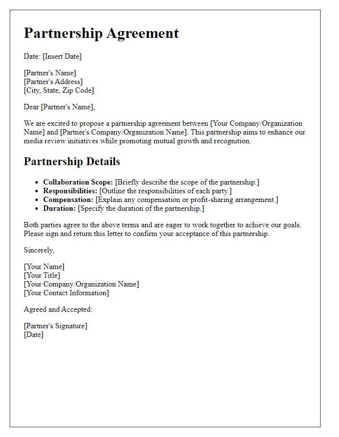 Letter template of media reviewer partnership agreement