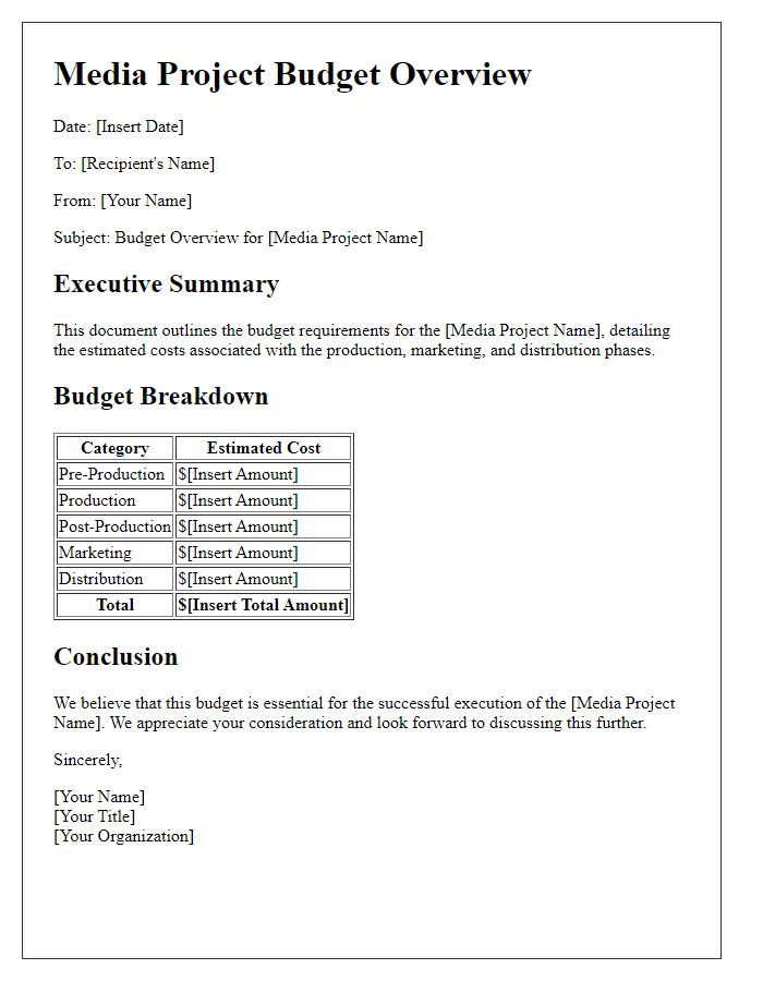 Letter template of media project budget overview