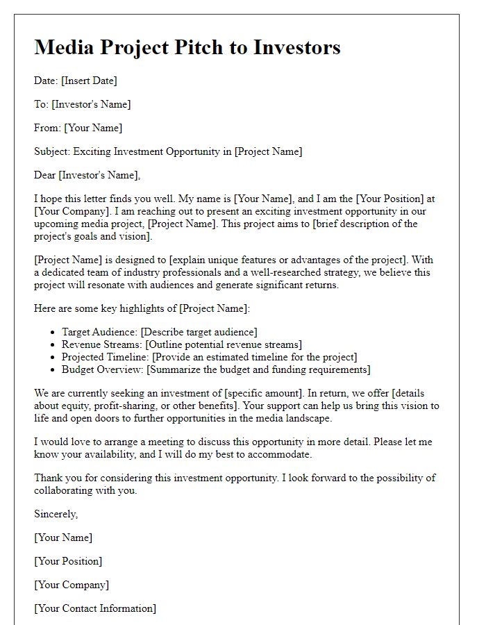 Letter template of media project pitch for investors