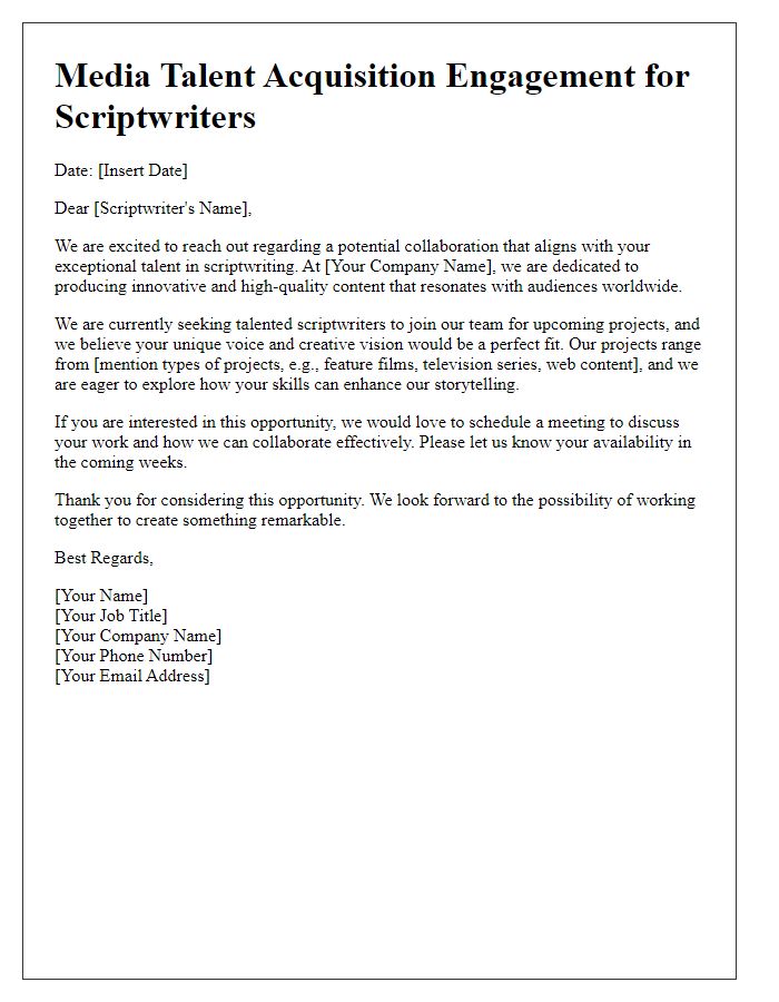 Letter template of media talent acquisition engagement for scriptwriters.