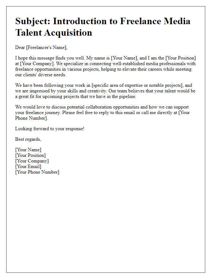 Letter template of media talent acquisition introduction for freelance specialists.