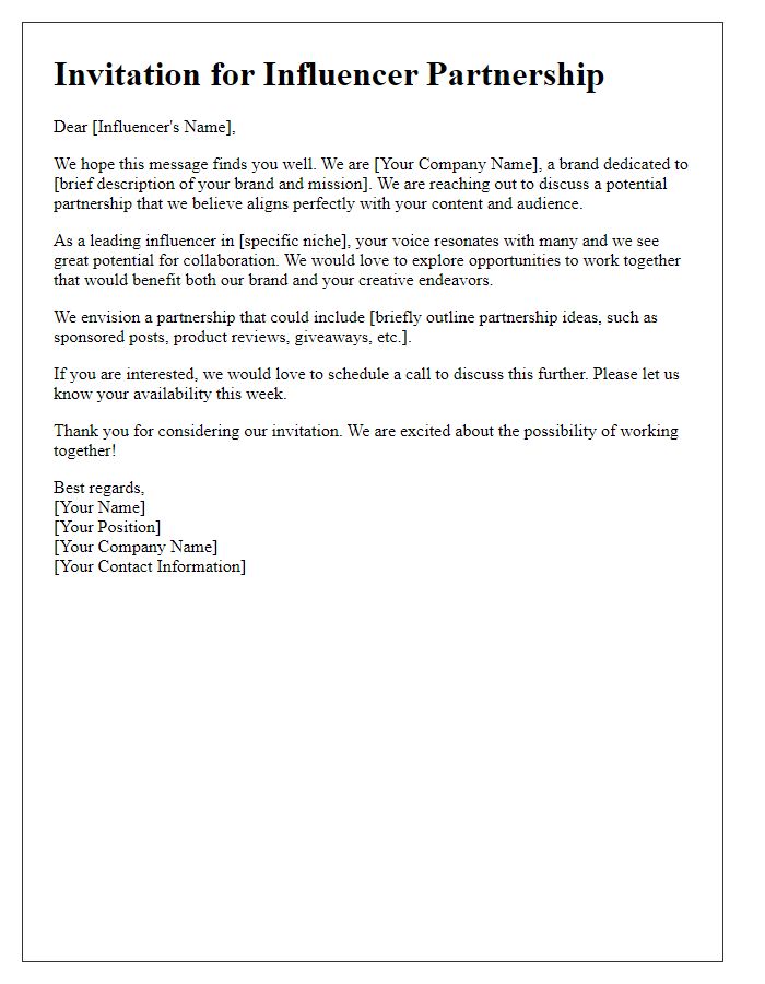 Letter template of media talent acquisition invitation for influencer partnerships.