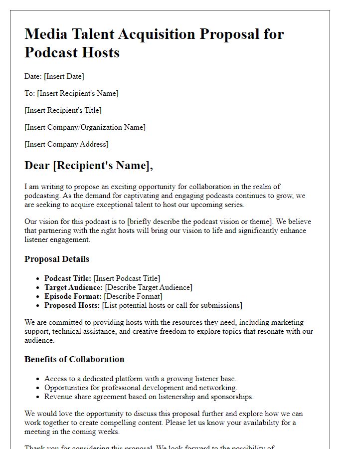 Letter template of media talent acquisition proposal for podcast hosts.