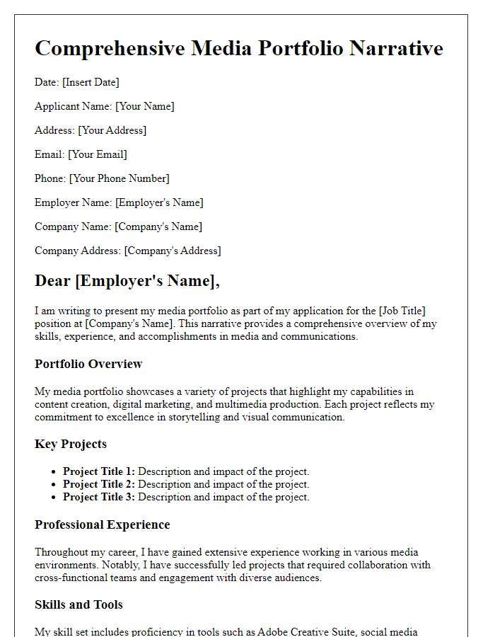 Letter template of comprehensive media portfolio narrative for job applications