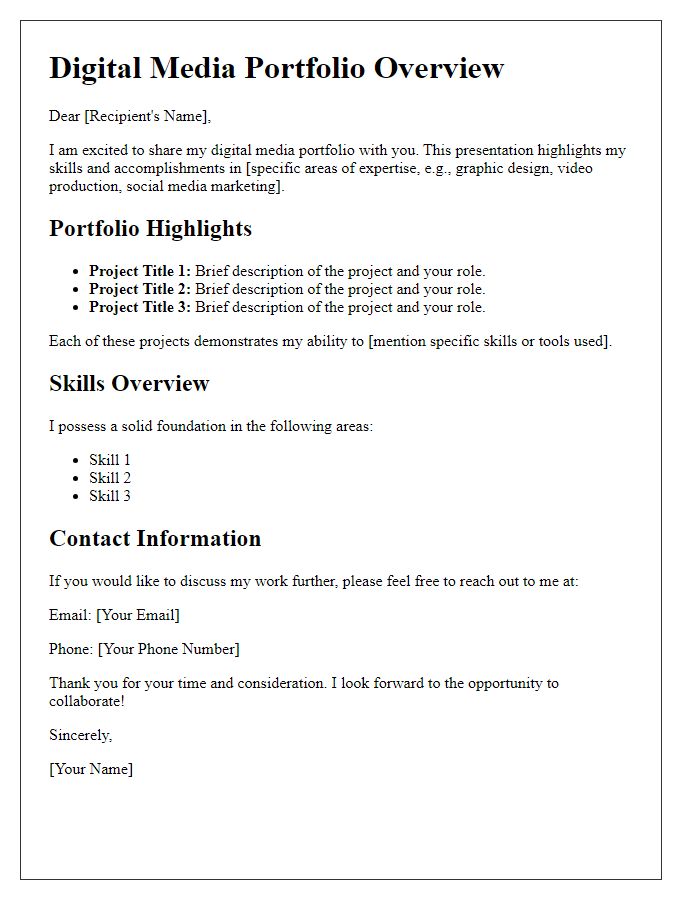 Letter template of digital media portfolio overview for presentations