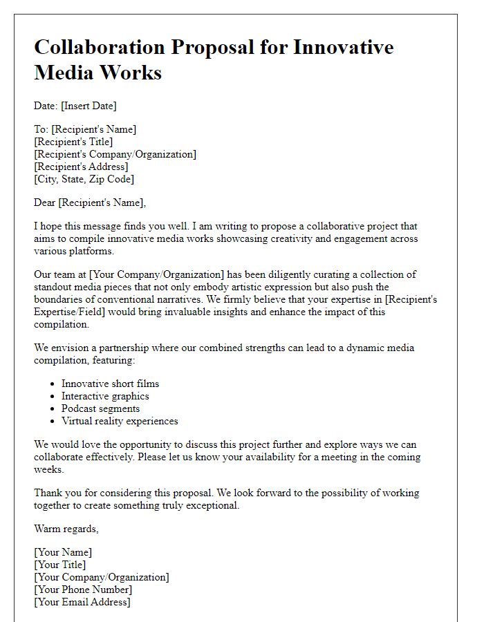 Letter template of innovative media works compilation for collaborations