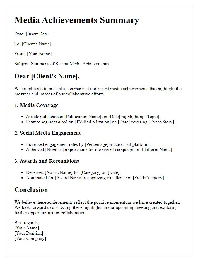 Letter template of media achievements summary for client meetings