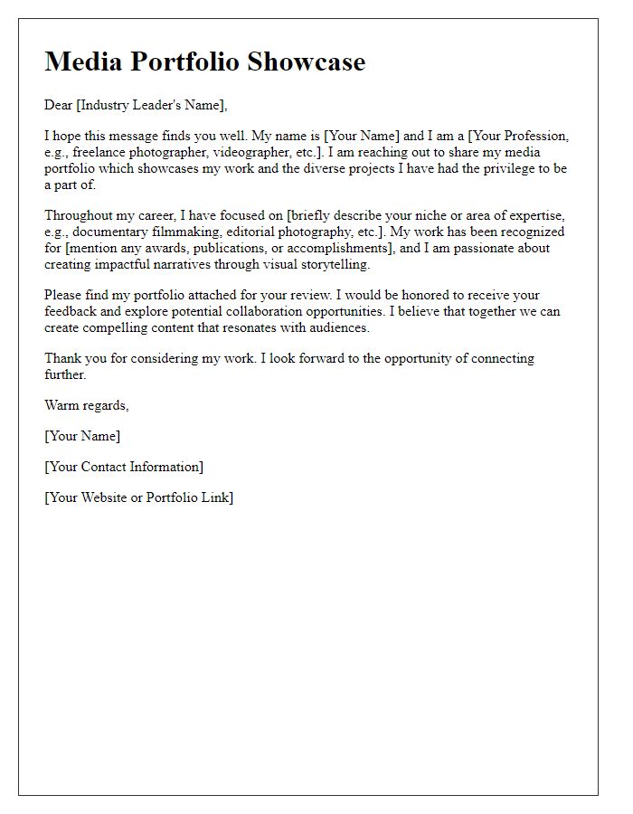 Letter template of media portfolio showcase for industry leaders