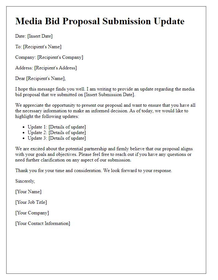 Letter template of media bid proposal submission update.