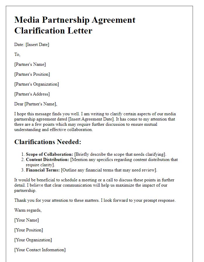 Letter template of media partnership agreement clarification