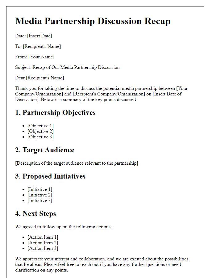 Letter template of media partnership discussion recap