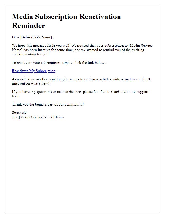 Letter template of media subscription reactivation reminder
