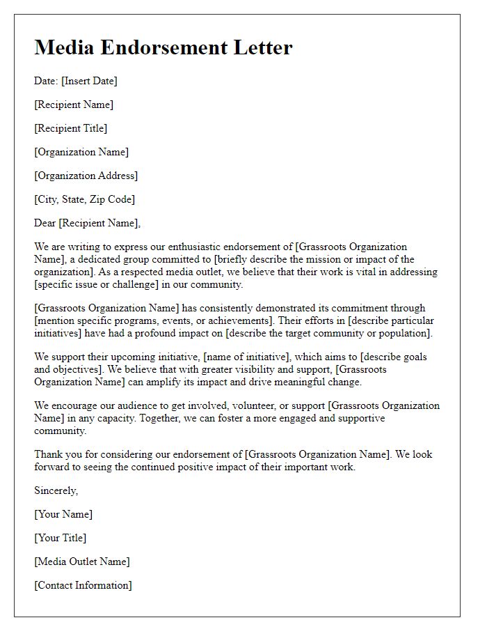 Letter template of media endorsement for grassroots organizations.