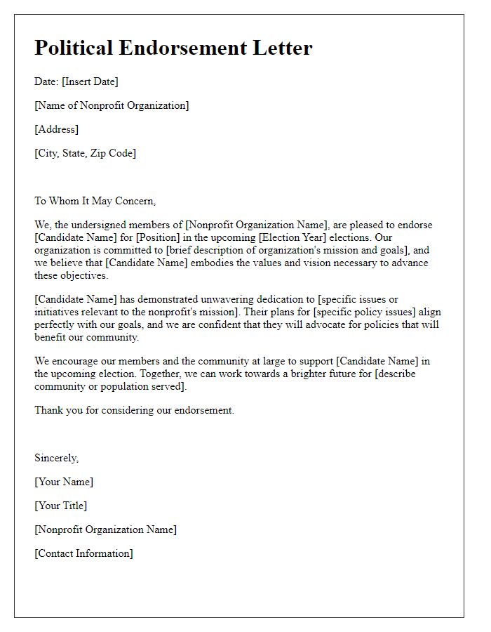 Letter template of political endorsement for nonprofit organizations.