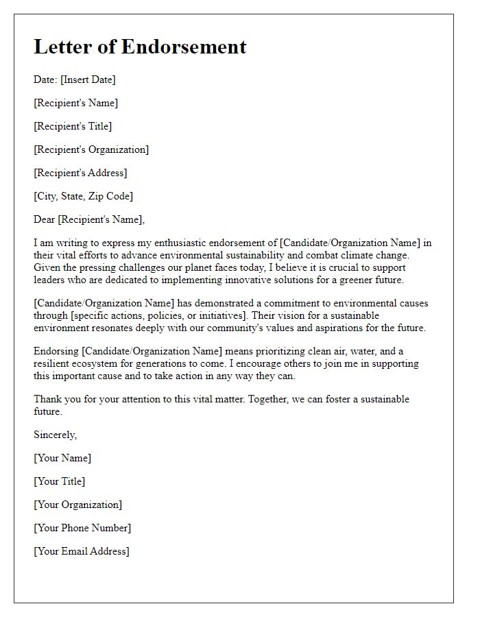 Letter template of political media endorsement for environmental causes.