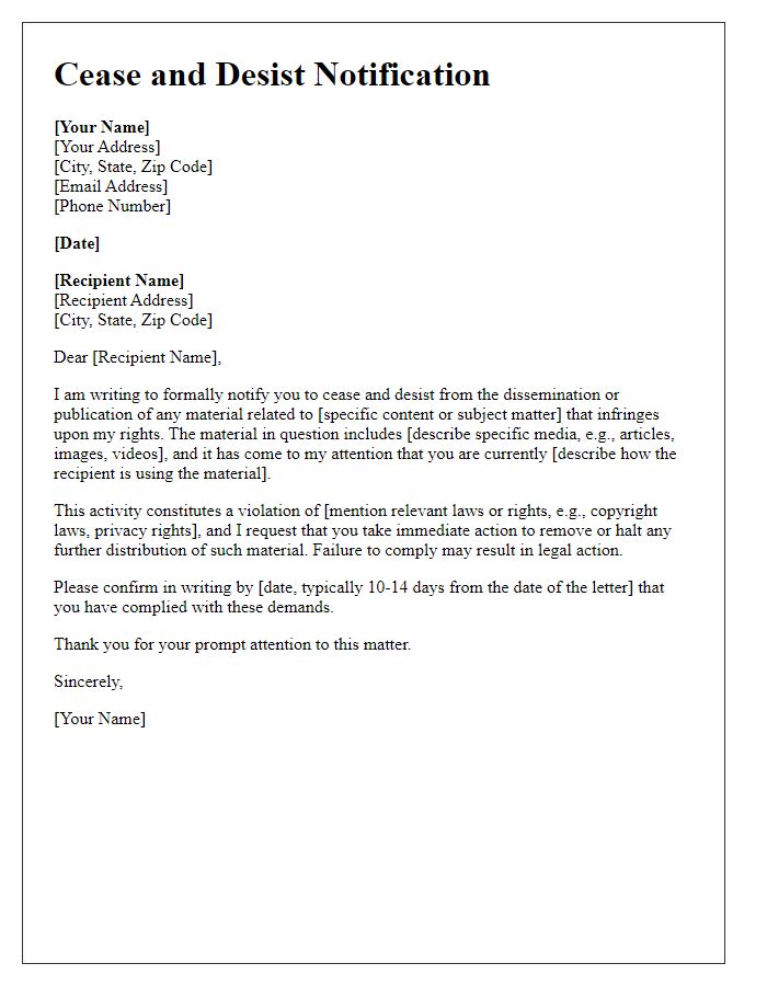 Letter template of media cease and desist notification