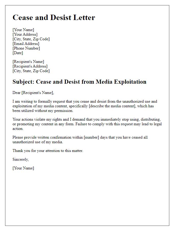 Letter template of media exploitation cease and desist