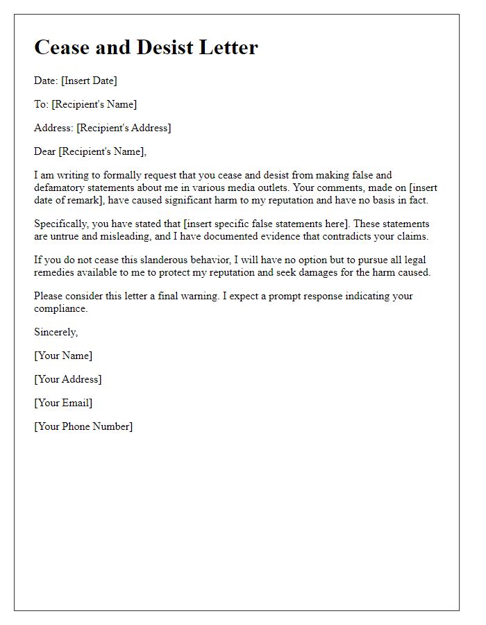 Letter template of media slander cease and desist warning