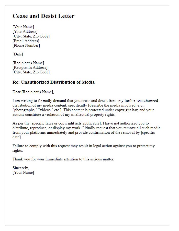 Letter template of media unauthorized distribution cease and desist