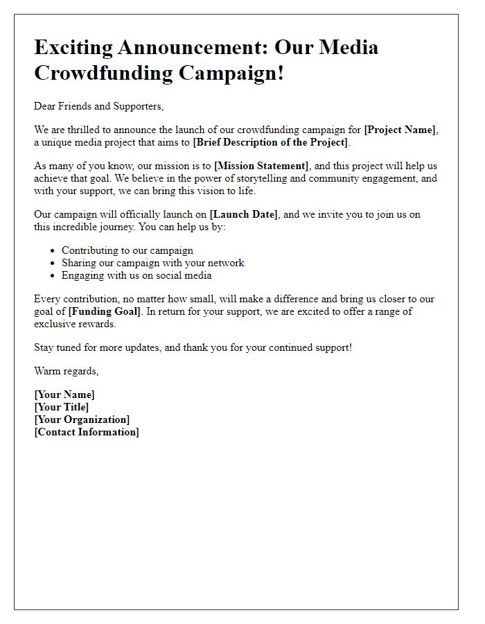 Letter template of media crowdfunding campaign announcement