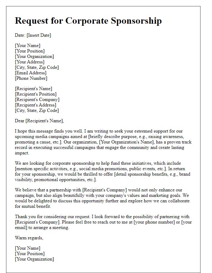 Letter template of corporate sponsorship request for media campaigns.