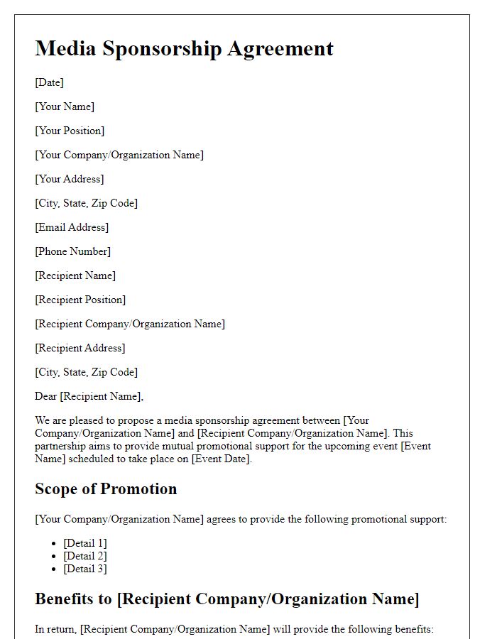 Letter template of media sponsorship agreement for promotional support.