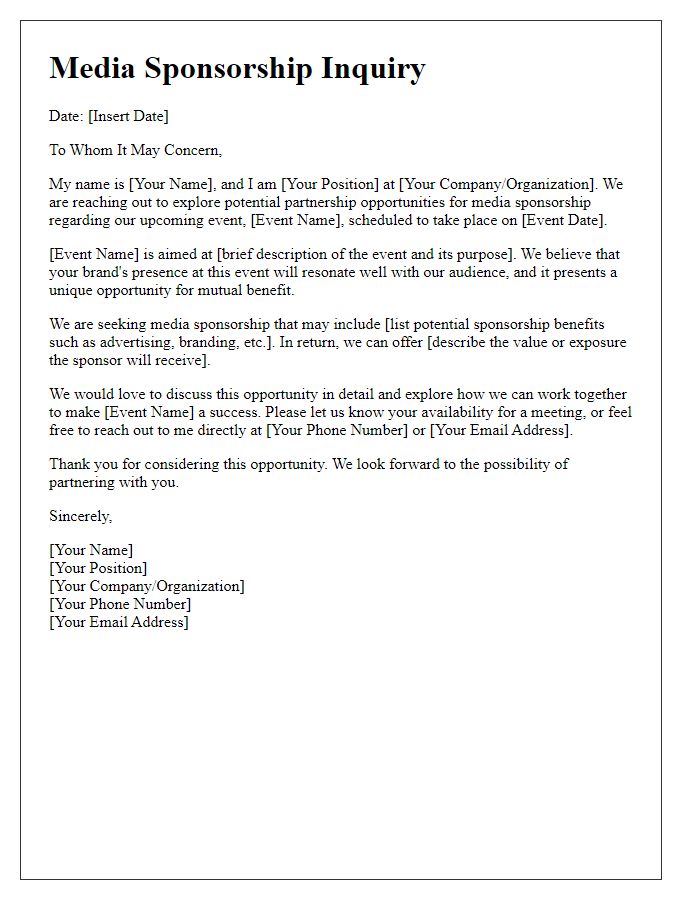 Letter template of media sponsorship inquiry for partnership opportunities.