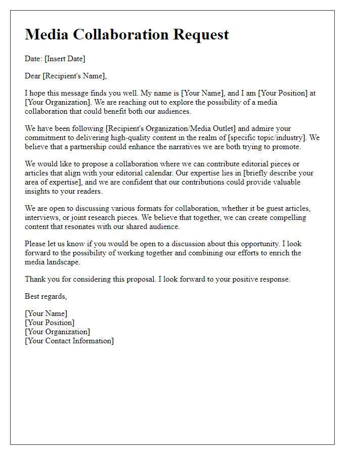 Letter template of media collaboration request for editorial contributions