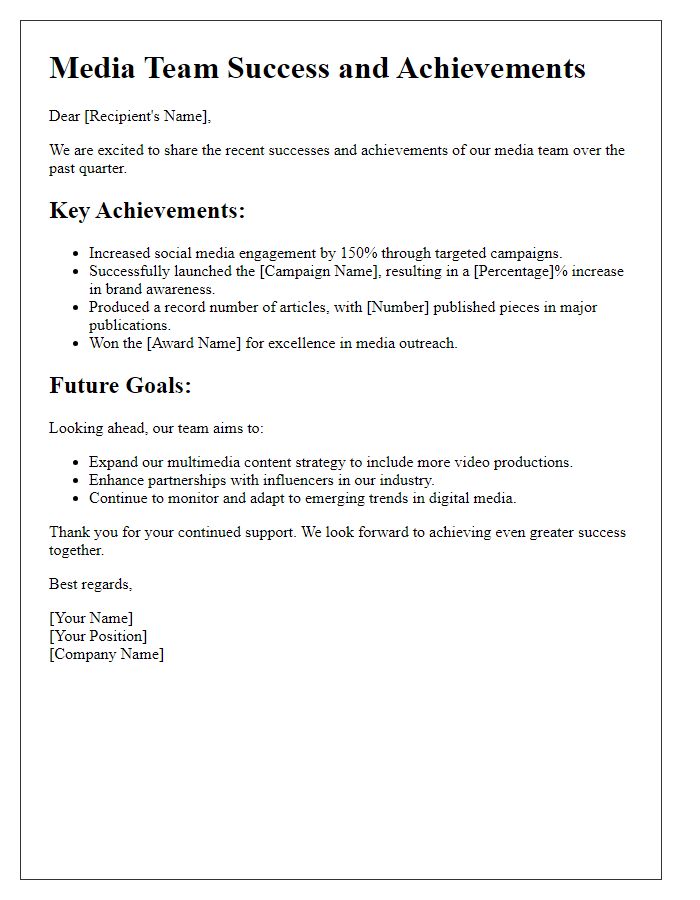 Letter template of media team success and achievements