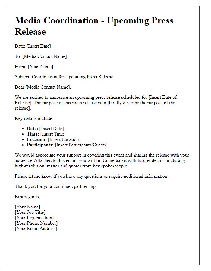 Letter template of Media Coordination for Upcoming Press Release