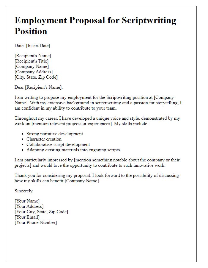 Letter template of employment proposal for scriptwriting position