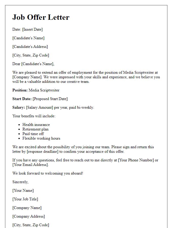 Letter template of job offer for media scriptwriter role