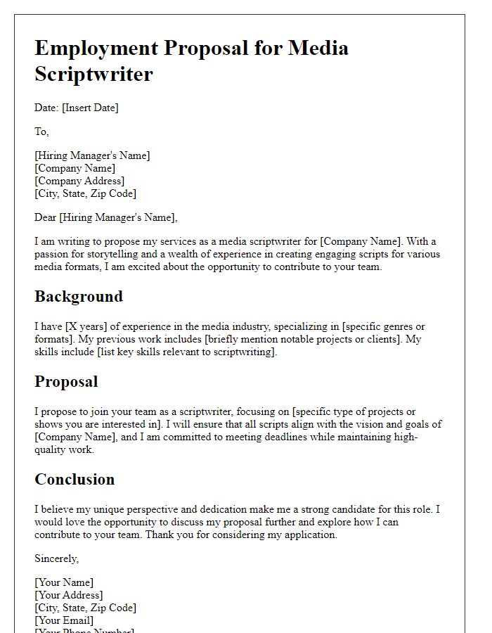 Letter template of media scriptwriter employment proposal