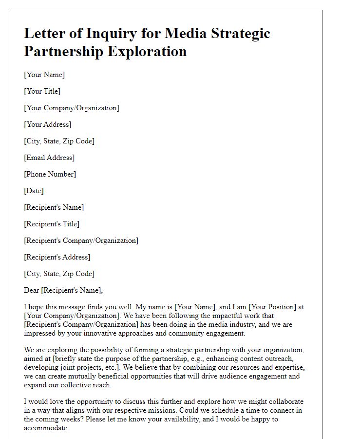 Letter template of inquiry for media strategic partnership exploration