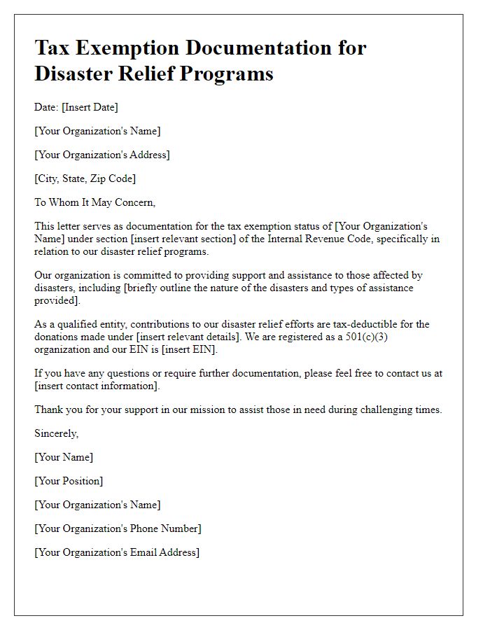 Letter template of tax exemption documentation for disaster relief programs.