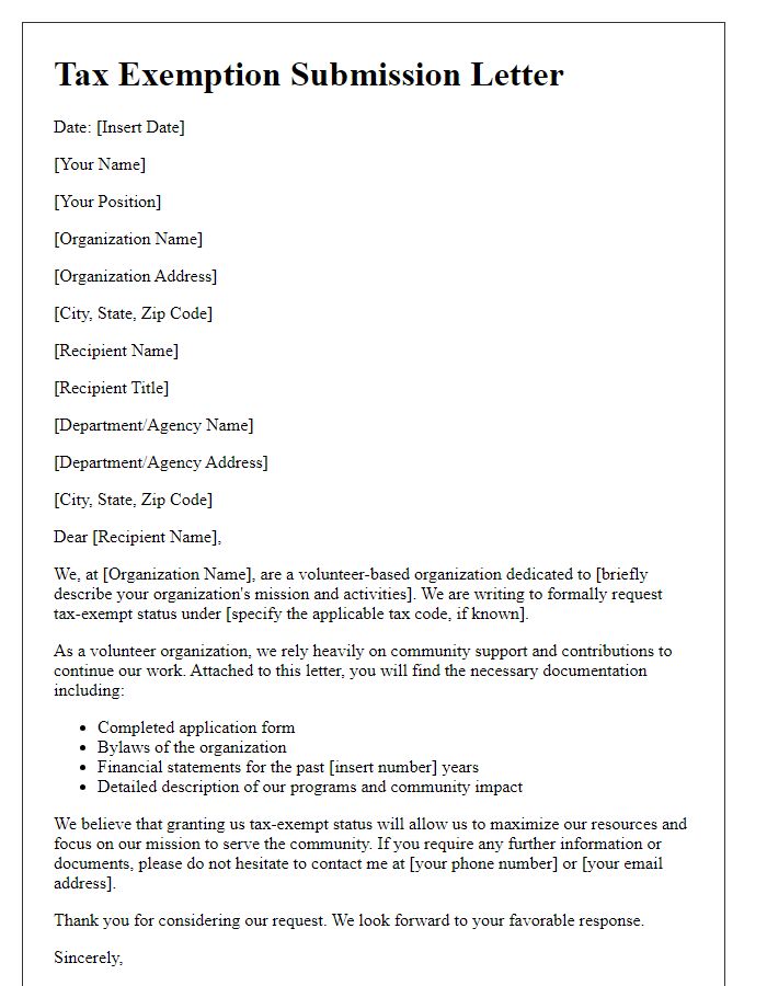 Letter template of tax exemption submission for volunteer-based organizations.