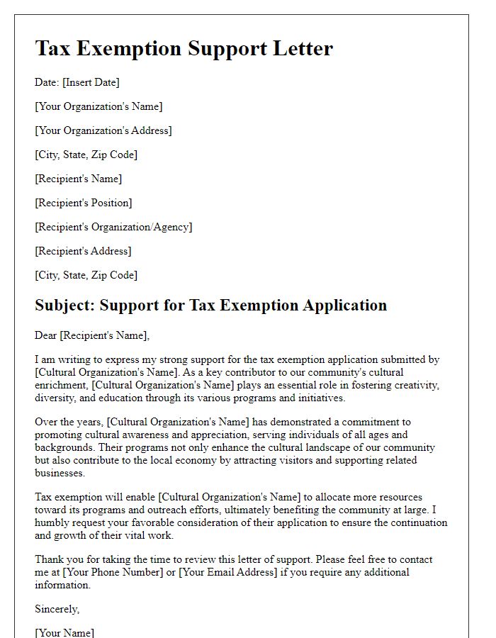 Letter template of tax exemption support for cultural organizations.