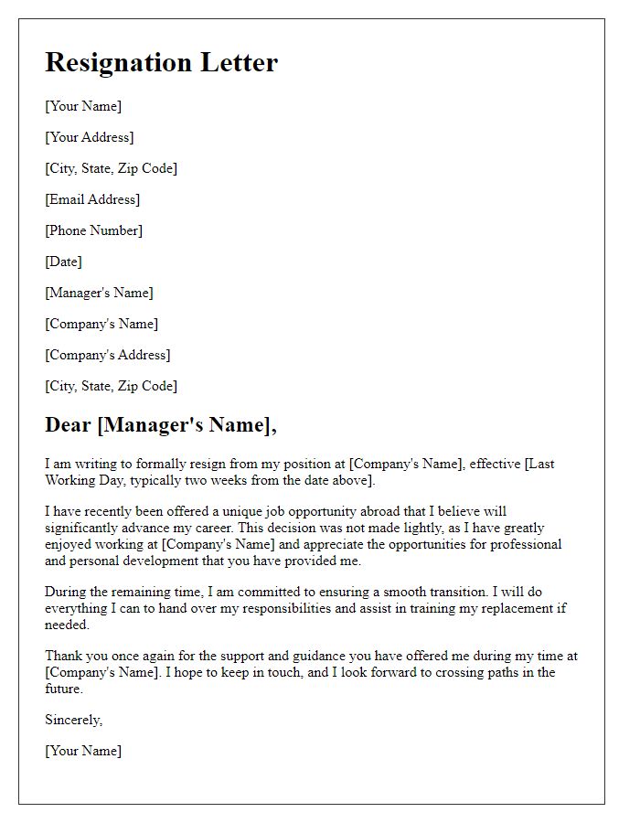 Letter template of resignation associated with foreign job opportunity.