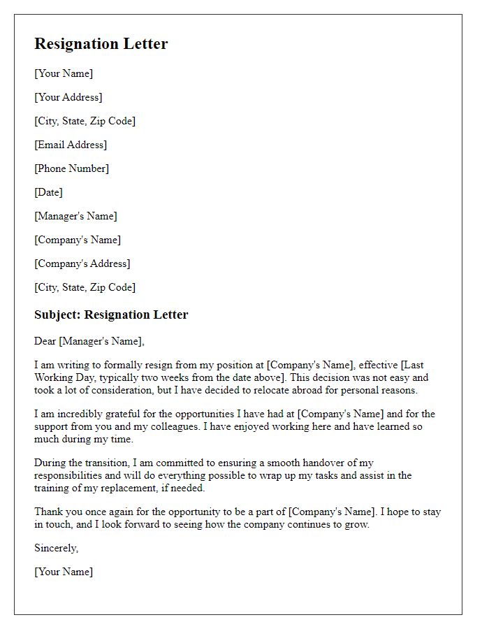 Letter template of resignation because of moving abroad.